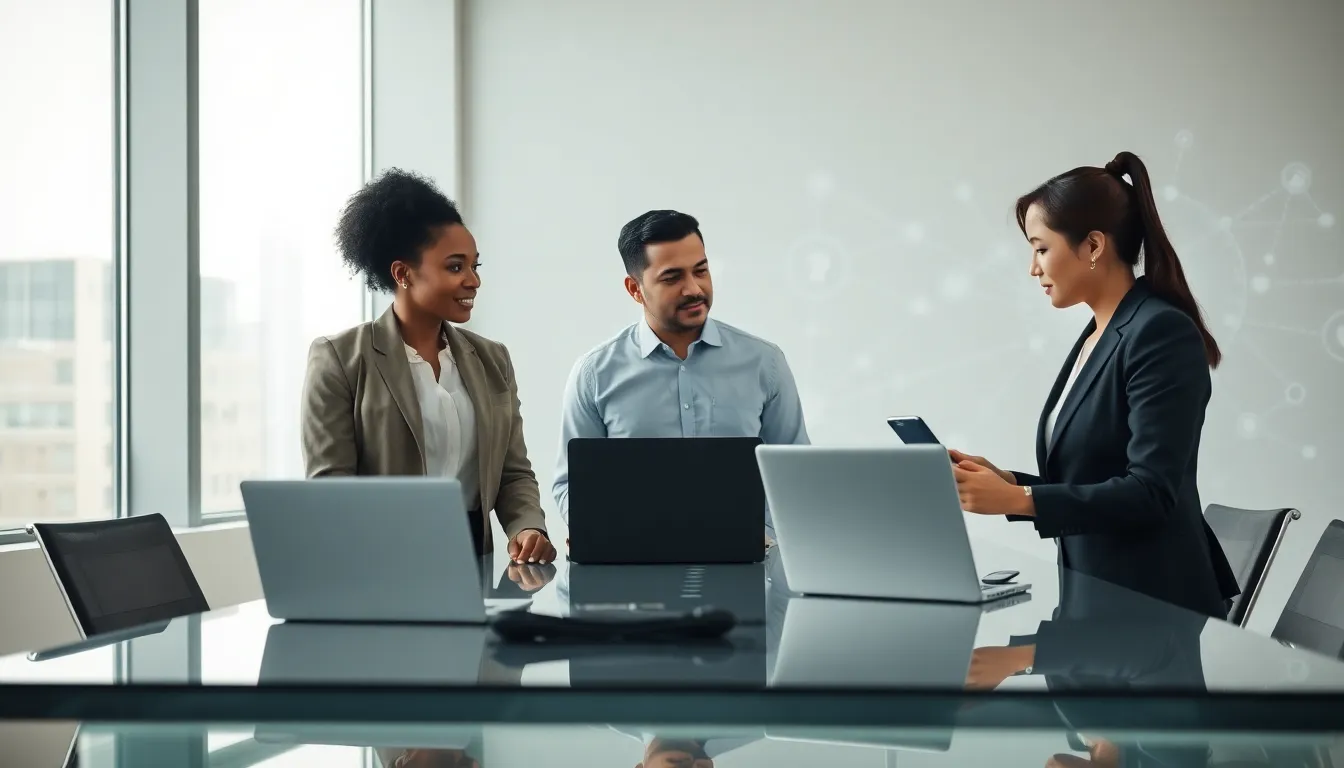diverse professionals discussing telecommunications in a modern office.