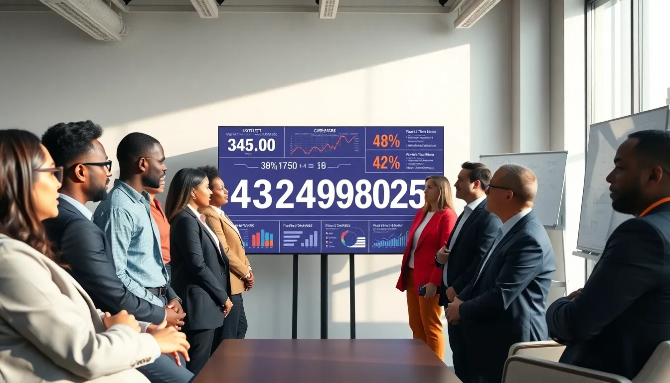 professionals discussing large numbers in a modern office setting.