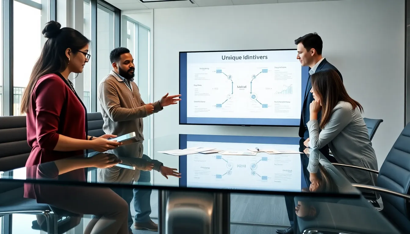 professionals collaborating over unique identifiers in a modern office.