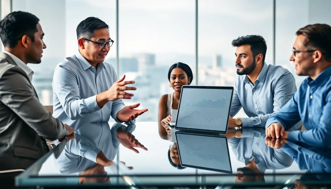 professionals discussing numerical concepts in a modern office setting.