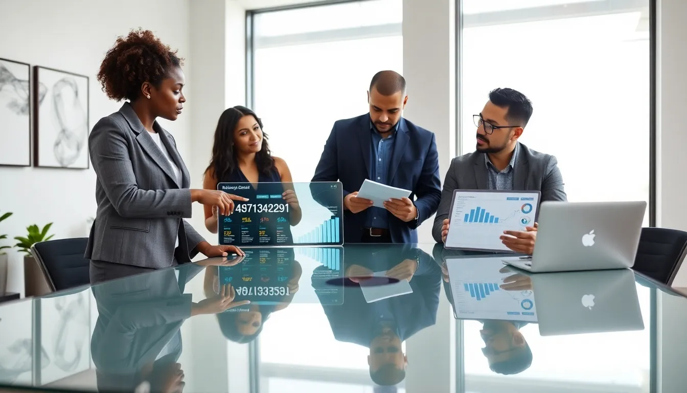 diverse professionals discussing data in a modern office setting.