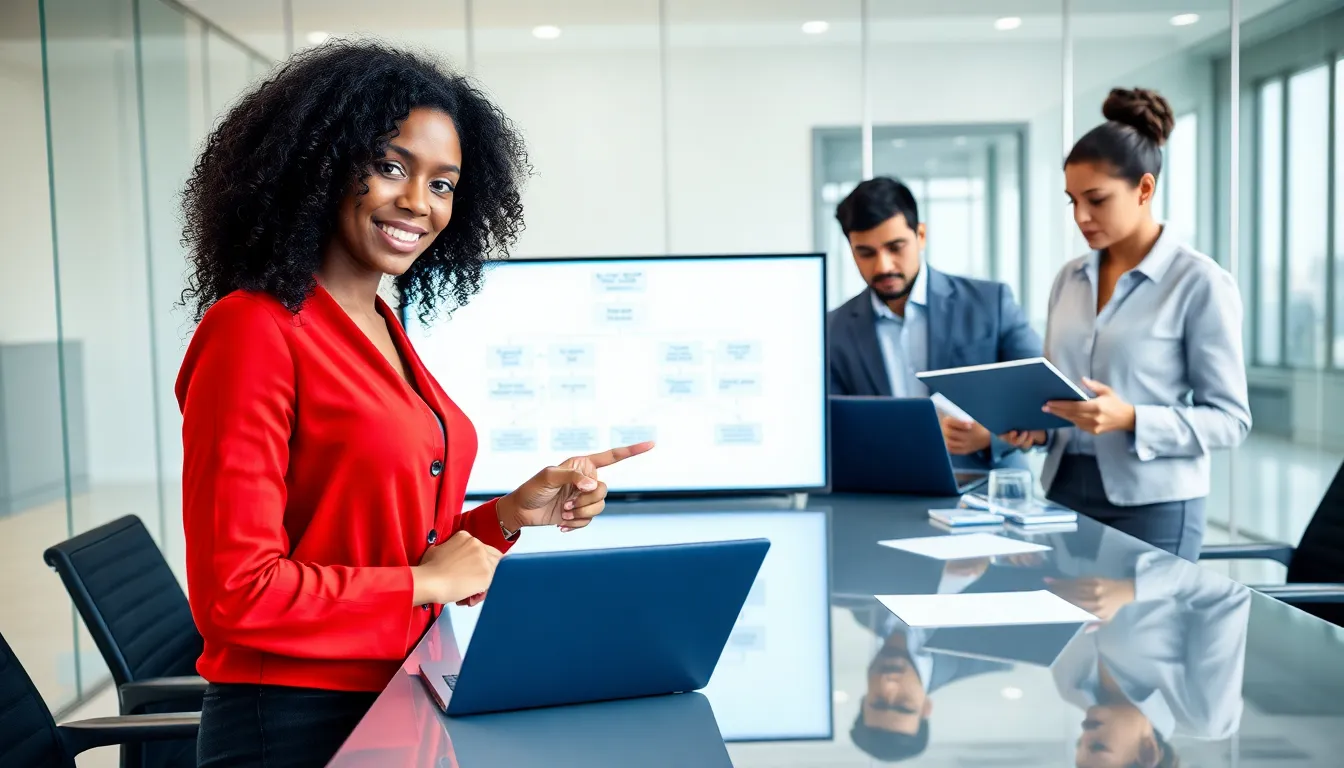 professionals collaborating on data organization in a modern office.